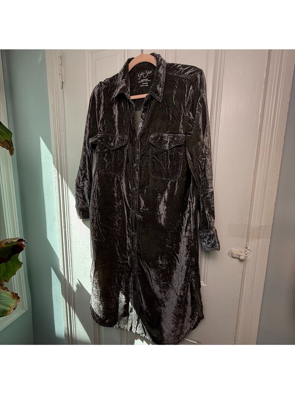 Kyla Seo Crushed Velvet Tunic Dress Side Slits Roll Tab Sleeves Womens Small
